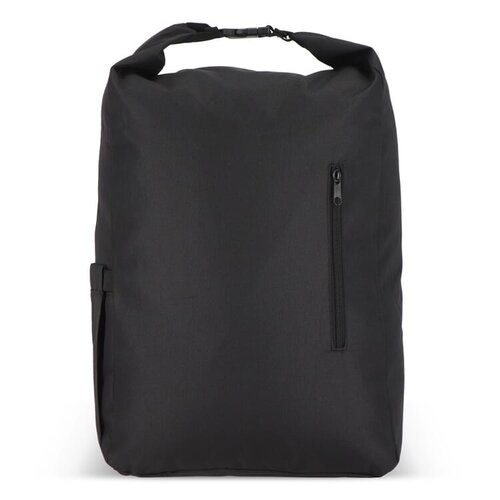R-PET 600D rolltop gesp rugzak 20 liter – DeBle duurzame rugzak van gerecycled PET met logo, voorvak, zijvak en verstelbare schouderbanden voor bedrijven