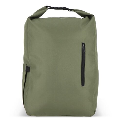 R-PET 600D rolltop gesp rugzak 20 liter – DeBle duurzame rugzak van gerecycled PET met logo, voorvak, zijvak en verstelbare schouderbanden voor bedrijven