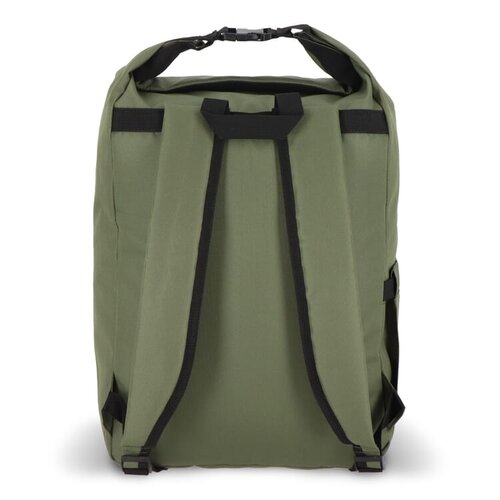 R-PET 600D rolltop gesp rugzak 20 liter – DeBle duurzame rugzak van gerecycled PET met logo, voorvak, zijvak en verstelbare schouderbanden voor bedrijven