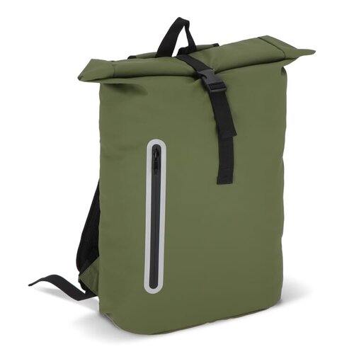 PU-gecoat R-PET 600D rolltop rugzak 20 liter – DeBle duurzame rugzak van gerecycled PET met PU-coating, laptopvak en reflecterende details voor bedrijven