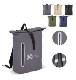 PU-gecoat R-PET 600D rolltop rugzak 20 liter – DeBle duurzame rugzak van gerecycled PET met PU-coating, laptopvak en reflecterende details voor bedrijven