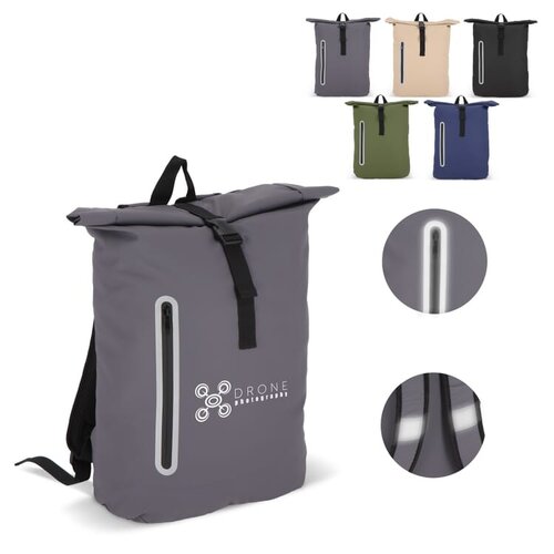PU-gecoat R-PET 600D rolltop rugzak 20 liter – DeBle duurzame rugzak van gerecycled PET met PU-coating, laptopvak en reflecterende details voor bedrijven
