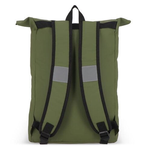 PU-gecoat R-PET 600D rolltop rugzak 20 liter – DeBle duurzame rugzak van gerecycled PET met PU-coating, laptopvak en reflecterende details voor bedrijven