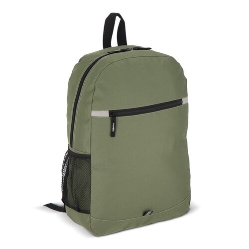 R-PET 600D Nevada rugzak 18 liter – DeBle duurzame rugzak van gerecycled PET met logo, reflecterende strip en gaas zijvak voor bedrijven