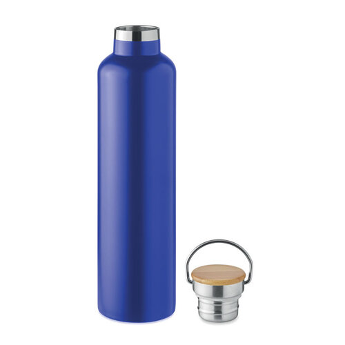 DeBle Helsinki Large dubbelwandige RVS drinkfles 1 liter met bamboe dop en logo, vacuüm geïsoleerde herbruikbare thermosfles