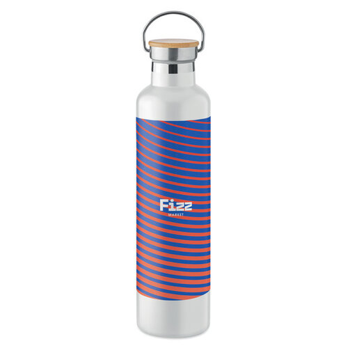 DeBle Helsinki Large dubbelwandige RVS drinkfles 1 liter met bamboe dop en logo, vacuüm geïsoleerde herbruikbare thermosfles