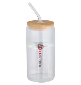 DeBle Mirage borosilicaat glazen drinkfles 650 ml met bamboe deksel bedrukt met logo