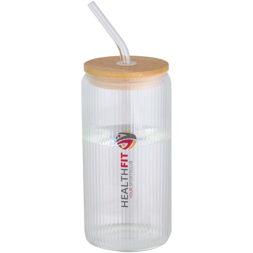 DeBle Mirage borosilicaat glazen drinkfles 650 ml met bamboe deksel bedrukt met logo