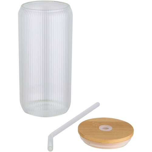DeBle Mirage borosilicaat glazen drinkfles 650 ml met bamboe deksel bedrukt met logo