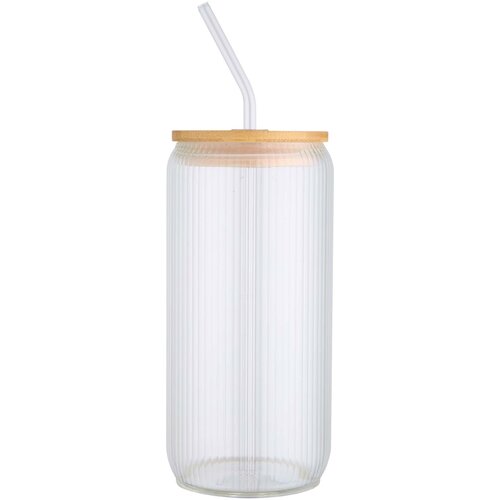DeBle Mirage borosilicaat glazen drinkfles 650 ml met bamboe deksel bedrukt met logo