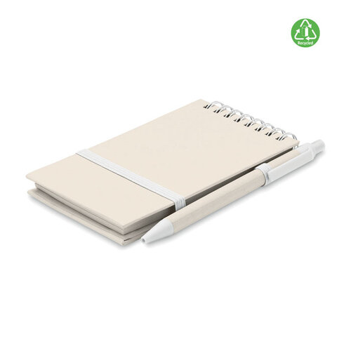 Mito Set A6 notitieboek MO6837 van gerecycled melkpak en papier met 70 gelinieerde pagina’s, ringband, elastiek en balpen