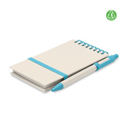 Mito Set A6 notitieboek MO6837 van gerecycled melkpak en papier met 70 gelinieerde pagina’s, ringband, elastiek en balpen