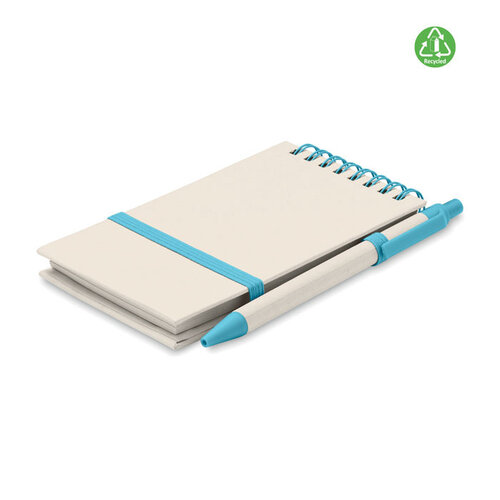 Mito Set A6 notitieboek MO6837 van gerecycled melkpak en papier met 70 gelinieerde pagina’s, ringband, elastiek en balpen