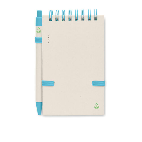 Mito Set A6 notitieboek MO6837 van gerecycled melkpak en papier met 70 gelinieerde pagina’s, ringband, elastiek en balpen