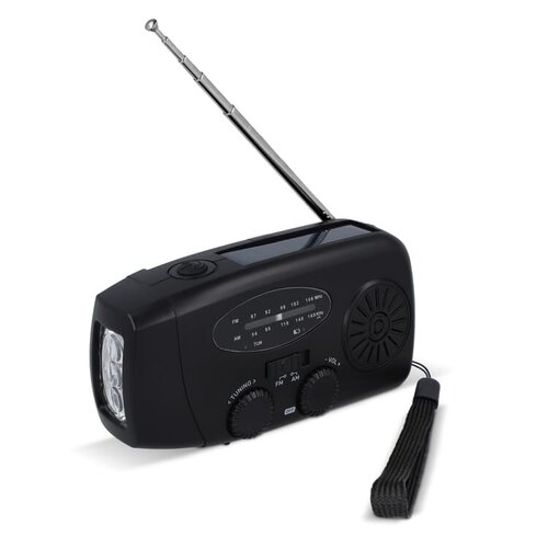 SafeSound noodradio LT95607 – compacte AM/FM radio met zaklamp, 1800 mAh powerbank en oplaadopties via zonnepaneel, USB-C of handslinger, ideaal relatiegeschenk