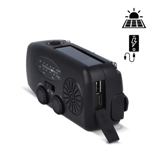 SafeSound noodradio LT95607 – compacte AM/FM radio met zaklamp, 1800 mAh powerbank en oplaadopties via zonnepaneel, USB-C of handslinger, ideaal relatiegeschenk
