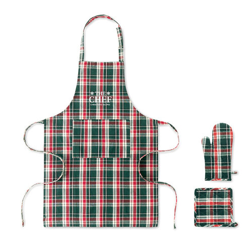 SANTAPRON geruite kerst keukenset CX1598 met schort ovenwant en handschoen