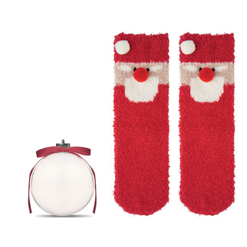 SNUG L rode kerstsokken met kerstmanmotief in kerstbal CX1586