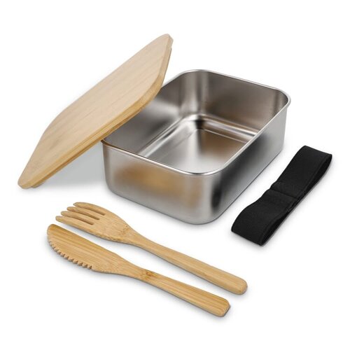 RVS lunchbox LT90425 met bamboe deksel bamboe mes en vork