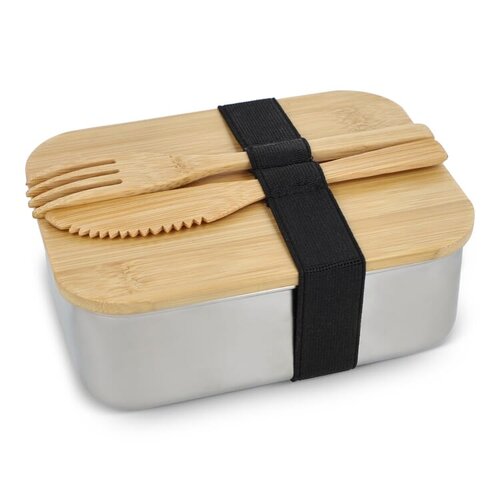 RVS lunchbox LT90425 met bamboe deksel bamboe mes en vork