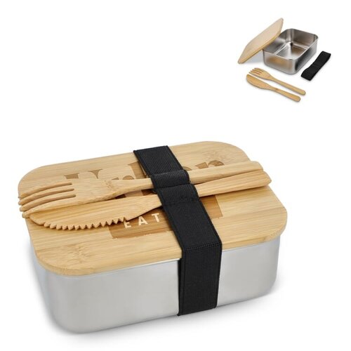 RVS lunchbox LT90425 met bamboe deksel bamboe mes en vork