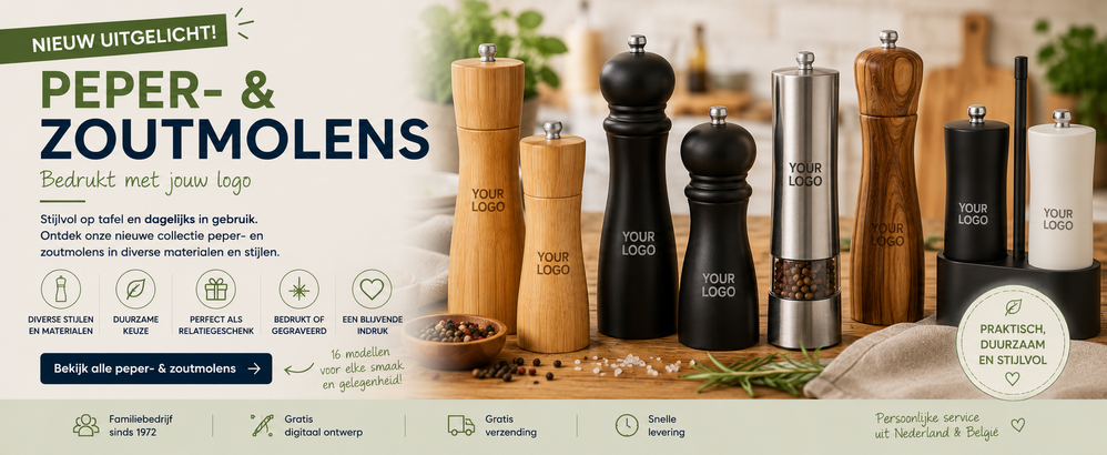 Peper- en zoutmolens met logo: stijlvol relatiegeschenk voor op tafel