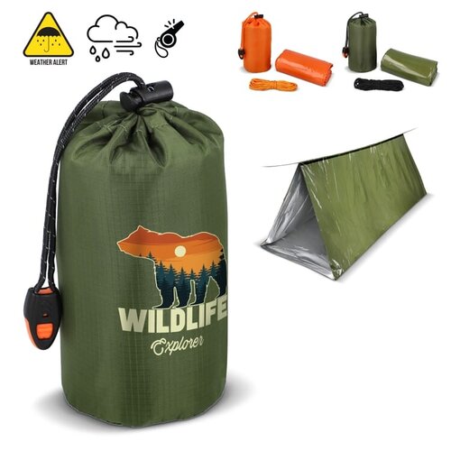thermische noodtent, noodtent met logo, survival tent, reflecterende noodtent, outdoor veiligheidsartikel, noodonderkomen, veiligheidsgeschenk