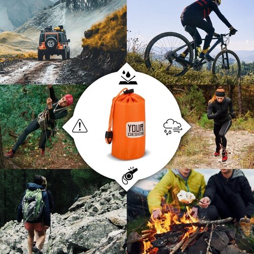 thermische noodtent, noodtent met logo, survival tent, reflecterende noodtent, outdoor veiligheidsartikel, noodonderkomen, veiligheidsgeschenk