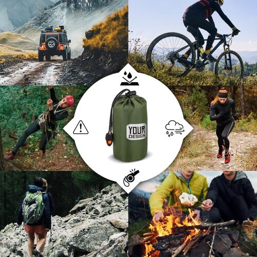 thermische noodtent, noodtent met logo, survival tent, reflecterende noodtent, outdoor veiligheidsartikel, noodonderkomen, veiligheidsgeschenk