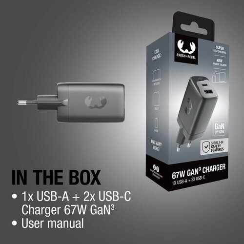 Fresh ’n Rebel 67W GaN laptoplader LT49750 met twee USB-C-poorten en USB-A