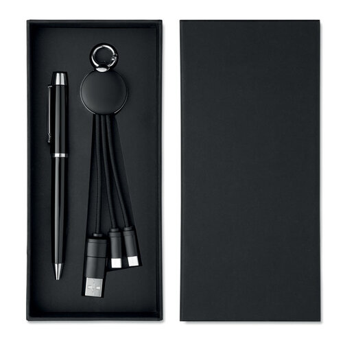 INTWOS MO3152 geschenkset met metalen balpen en 2-in-1 oplaadkabel bedrukt met logo