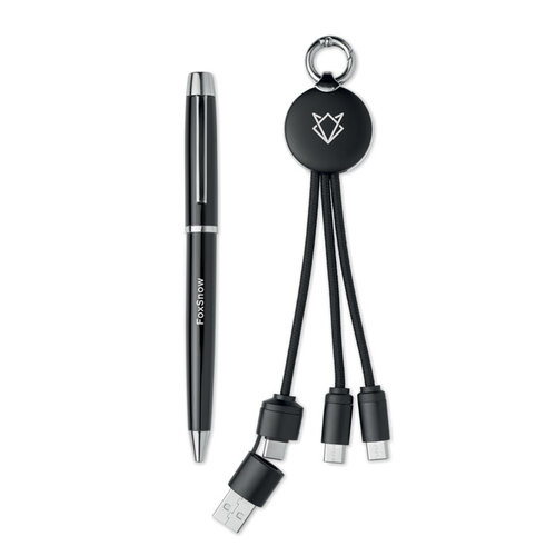 INTWOS MO3152 geschenkset met metalen balpen en 2-in-1 oplaadkabel bedrukt met logo