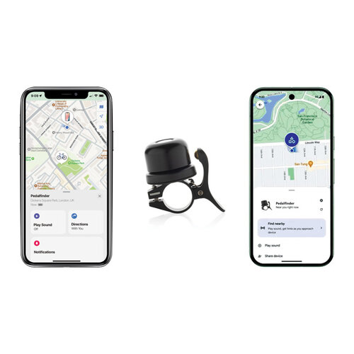 Bike Finder Dual P301.14 fietsbel met Apple Find My en Android Find Hub tracker bedrukt met logo