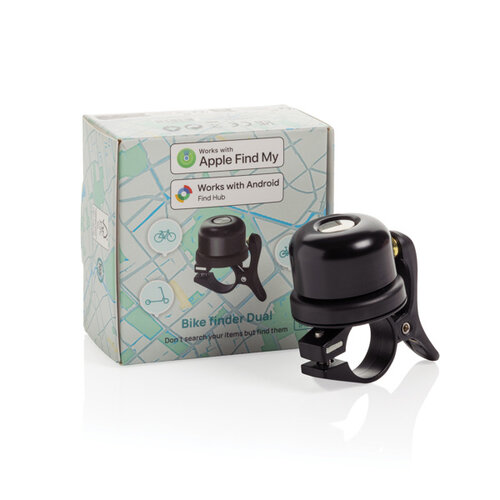 Bike Finder Dual P301.14 fietsbel met Apple Find My en Android Find Hub tracker bedrukt met logo