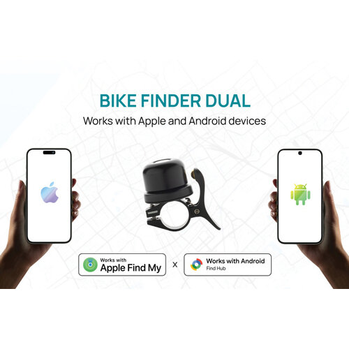 Bike Finder Dual P301.14 fietsbel met Apple Find My en Android Find Hub tracker bedrukt met logo