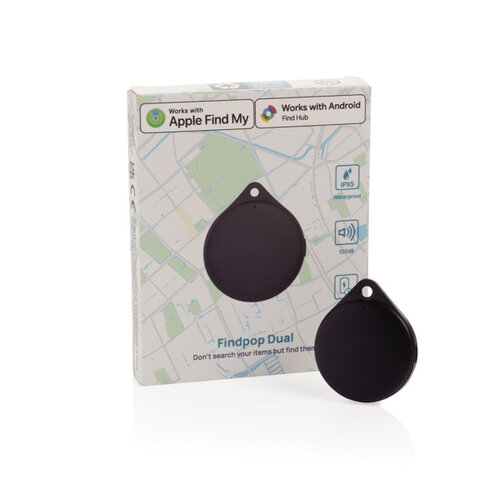 Findpop Dual P301.1701 RCS tracker voor Apple Find My en Android Find Hub bedrukt met logo