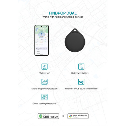 Findpop Dual P301.1701 RCS tracker voor Apple Find My en Android Find Hub bedrukt met logo