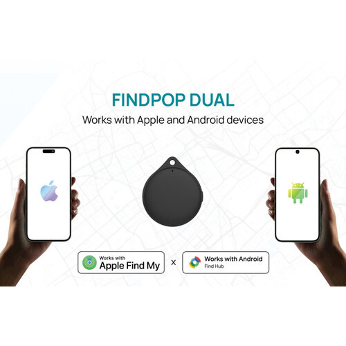Findpop Dual P301.1701 RCS tracker voor Apple Find My en Android Find Hub bedrukt met logo