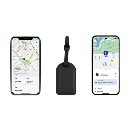Globefind Dual P301.5701 RCS bagagelabel met Apple Find My en Android Find Hub bedrukt met logo