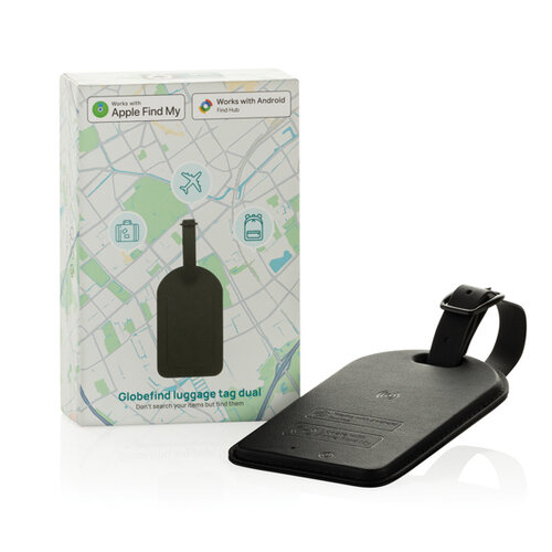 Globefind Dual P301.5701 RCS bagagelabel met Apple Find My en Android Find Hub bedrukt met logo