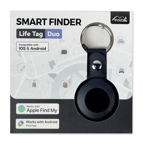 MILI Lifemate Life Tag Duo MO3108 tracker met PU hoes voor Apple Find My en Google Find Hub bedrukt met logo