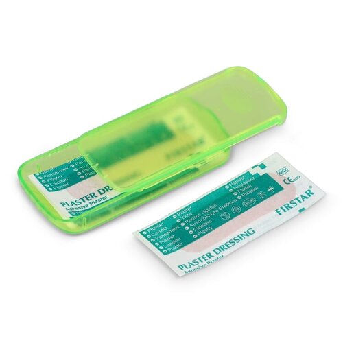 Compact PP-doosje met vijf PE-pleisters LT90320 bedrukt met logo