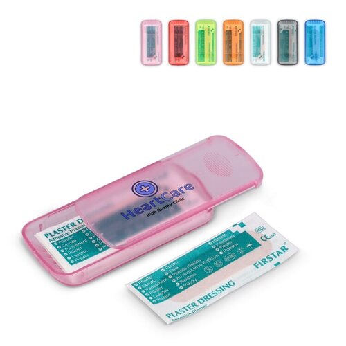 Compact PP-doosje met vijf PE-pleisters LT90320 bedrukt met logo