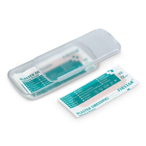 Compact PP-doosje met vijf PE-pleisters LT90320 bedrukt met logo