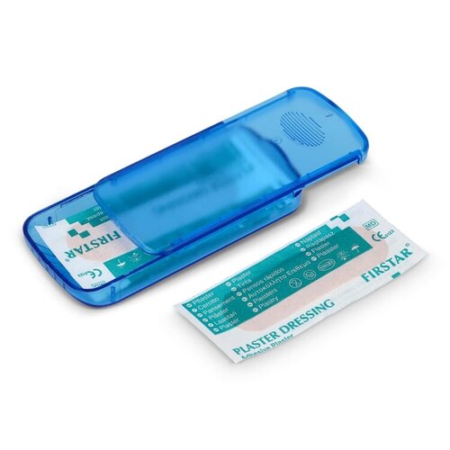 Compact PP-doosje met vijf PE-pleisters LT90320 bedrukt met logo
