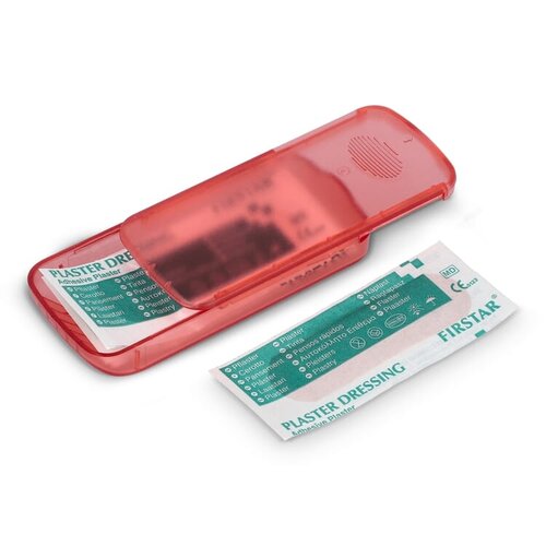 Compact PP-doosje met vijf PE-pleisters LT90320 bedrukt met logo