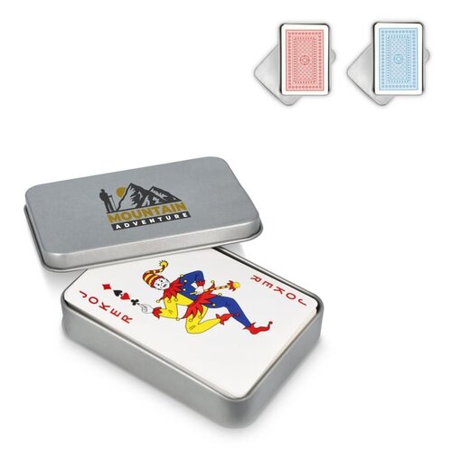 Klassiek kaartspel met 52 kaarten in metalen blik LT90790 bedrukt met logo