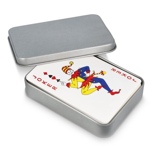 Klassiek kaartspel met 52 kaarten in metalen blik LT90790 bedrukt met logo
