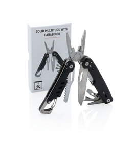 Solid multitool met karabijnhaak P221.331 en 11 functies bedrukt met logo