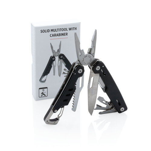 Solid multitool met karabijnhaak P221.331 en 11 functies bedrukt met logo